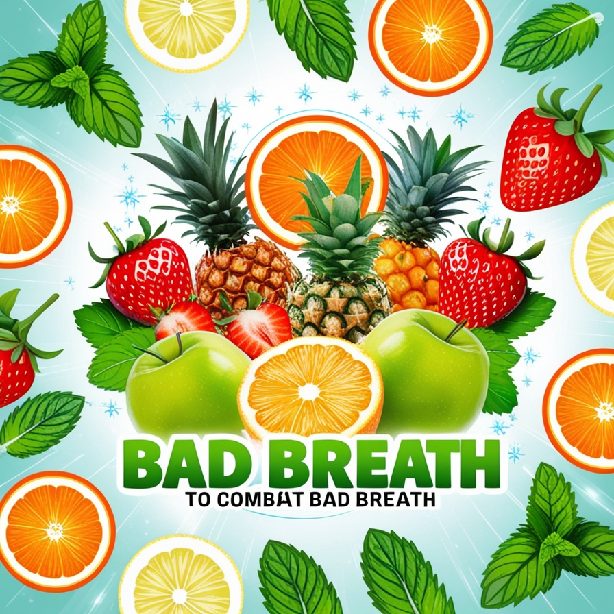 Fresh and vibrant fruits like apples, oranges, pineapples, strawberries, and lemons displayed with a touch of mint, showcasing their natural properties to help freshen breath and promote oral health.